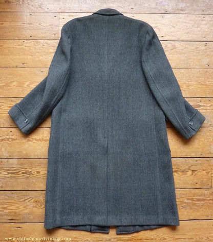 Vintage 1950s Mens Burton Single Breasted Overcoat Coat Grey Herringbone Tweed Wool 42"