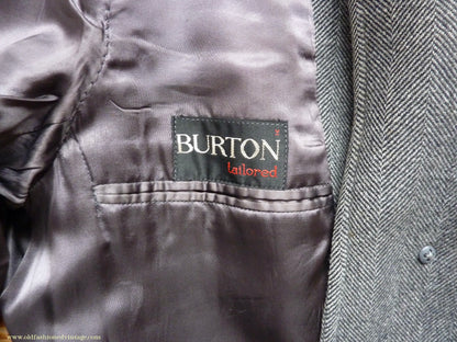 Vintage 1950s Mens Burton Single Breasted Overcoat Coat Grey Herringbone Tweed Wool 42"
