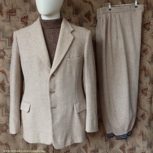 Vintage Mens 1950s Burton Harris Tweed Plus Fours Suit Beige Herringbone Jacket Trousers 37"