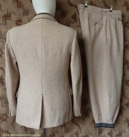 Vintage Mens 1950s Burton Harris Tweed Plus Fours Suit Beige Herringbone Jacket Trousers 37"