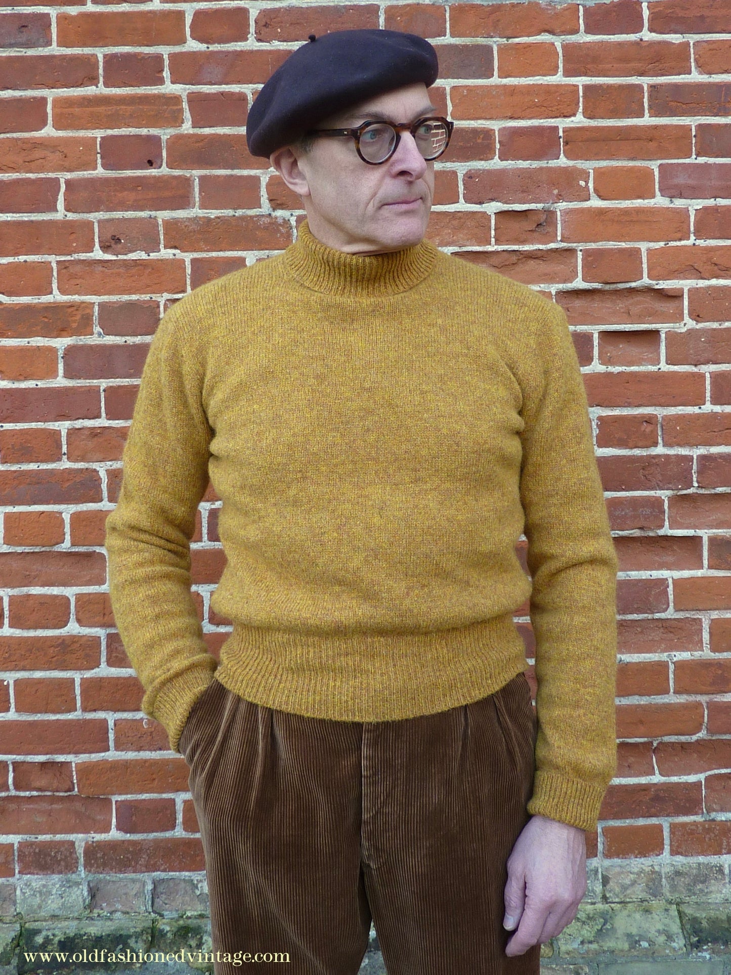 Old Fashioned Garments Vintage Reproduction 1940s Mens Polo Neck Jumper Mustard Brown Melange Roll Turtle Sweater M