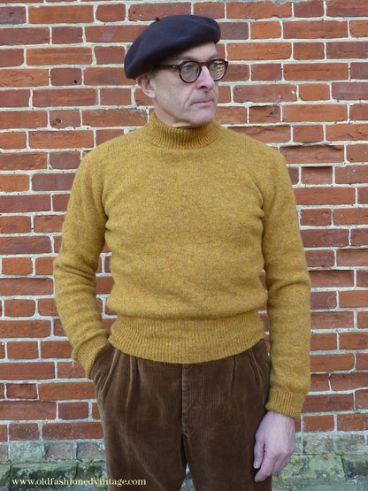 Old Fashioned Garments Vintage Reproduction 1940s Mens Polo Neck Jumper Mustard Brown Melange Roll Turtle Sweater M