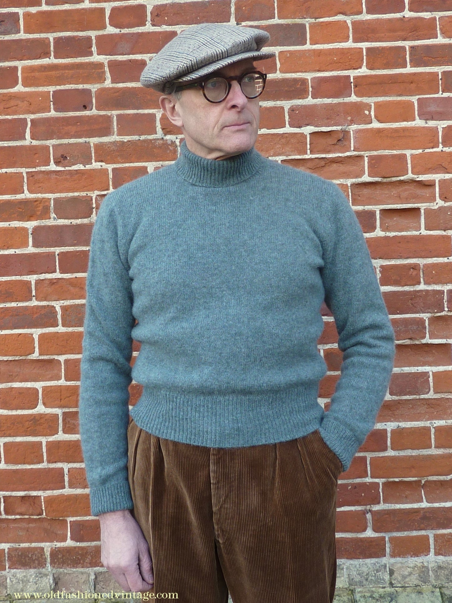 Old Fashioned Garments Vintage Reproduction 1940s Mens Polo Neck Jumper Grey Green Melange Roll Turtle Sweater S/M