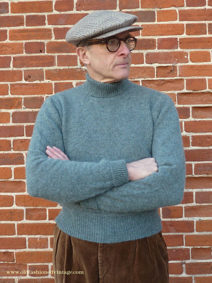 Old Fashioned Garments Vintage Reproduction 1940s Mens Polo Neck Jumper Grey Green Melange Roll Turtle Sweater S/M