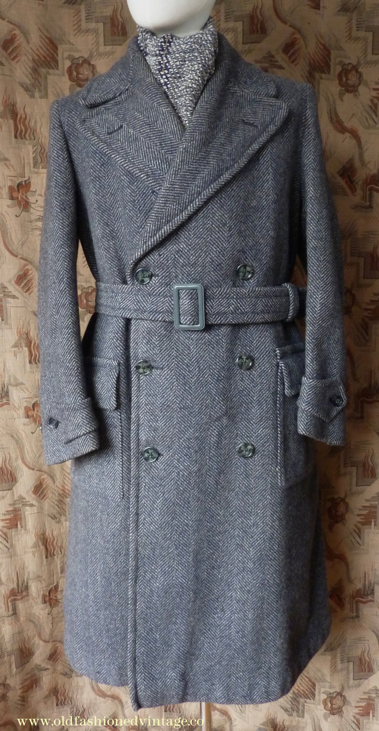 Vintage Mens 1930s 1940s Double Breasted Overcoat Coat Dark Blue Grey Herringbone Wool Tweed DB Belted 38"
