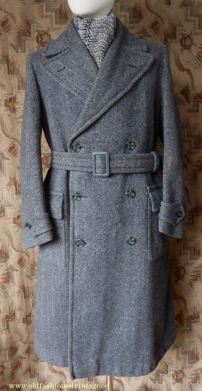 Vintage Mens 1930s 1940s Double Breasted Overcoat Coat Dark Blue Grey Herringbone Wool Tweed DB Belted 38"