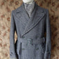 Vintage Mens 1930s 1940s Double Breasted Overcoat Coat Dark Blue Grey Herringbone Wool Tweed DB Belted 38"