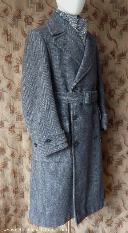 Vintage Mens 1930s 1940s Double Breasted Overcoat Coat Dark Blue Grey Herringbone Wool Tweed DB Belted 38"