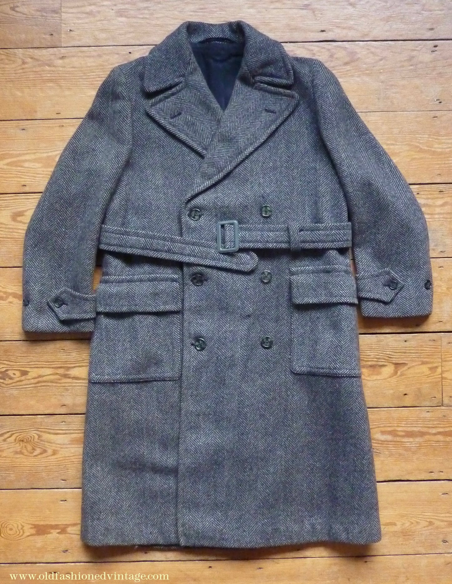 Vintage Mens 1930s 1940s Double Breasted Overcoat Coat Dark Blue Grey Herringbone Wool Tweed DB Belted 38"