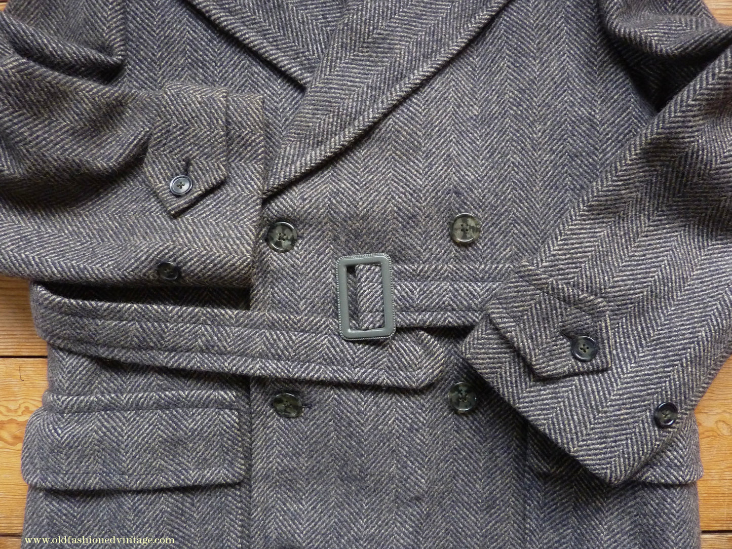 Vintage Mens 1930s 1940s Double Breasted Overcoat Coat Dark Blue Grey Herringbone Wool Tweed DB Belted 38"