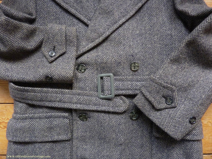 Vintage Mens 1930s 1940s Double Breasted Overcoat Coat Dark Blue Grey Herringbone Wool Tweed DB Belted 38"