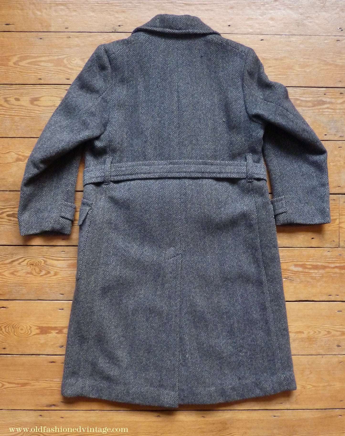 Vintage Mens 1930s 1940s Double Breasted Overcoat Coat Dark Blue Grey Herringbone Wool Tweed DB Belted 38"