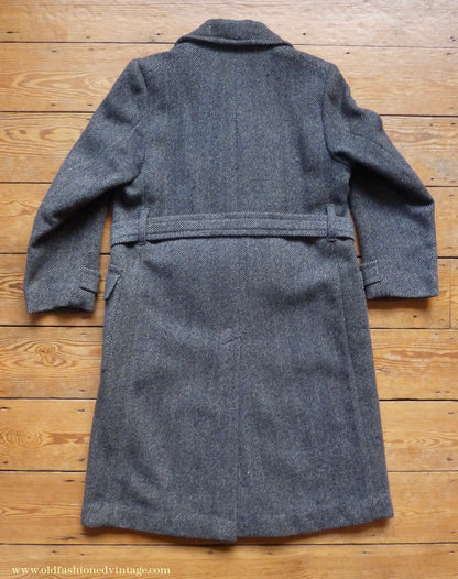 Vintage Mens 1930s 1940s Double Breasted Overcoat Coat Dark Blue Grey Herringbone Wool Tweed DB Belted 38"