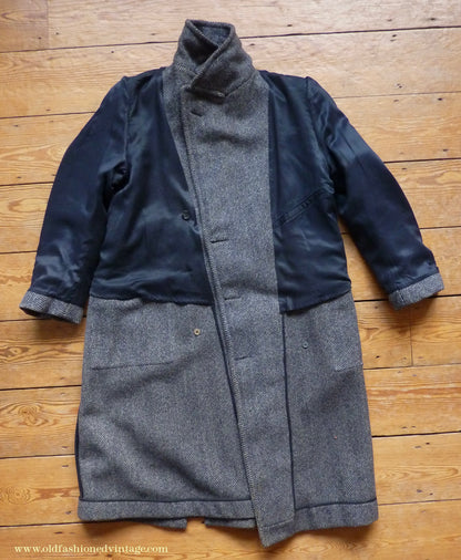Vintage Mens 1930s 1940s Double Breasted Overcoat Coat Dark Blue Grey Herringbone Wool Tweed DB Belted 38"