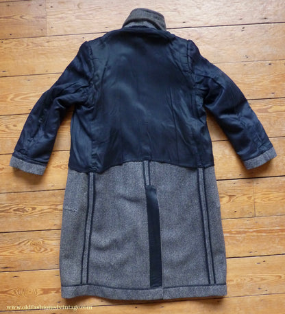 Vintage Mens 1930s 1940s Double Breasted Overcoat Coat Dark Blue Grey Herringbone Wool Tweed DB Belted 38"