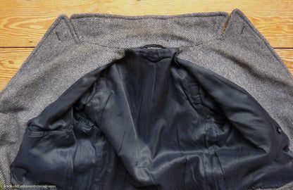 Vintage Mens 1930s 1940s Double Breasted Overcoat Coat Dark Blue Grey Herringbone Wool Tweed DB Belted 38"