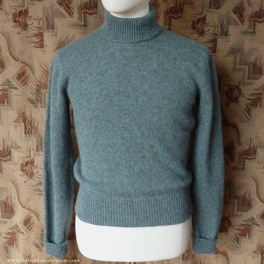 Old Fashioned Garments Vintage Reproduction 1940s Mens Polo Neck Jumper Grey Green Melange Roll Turtle Sweater S/M