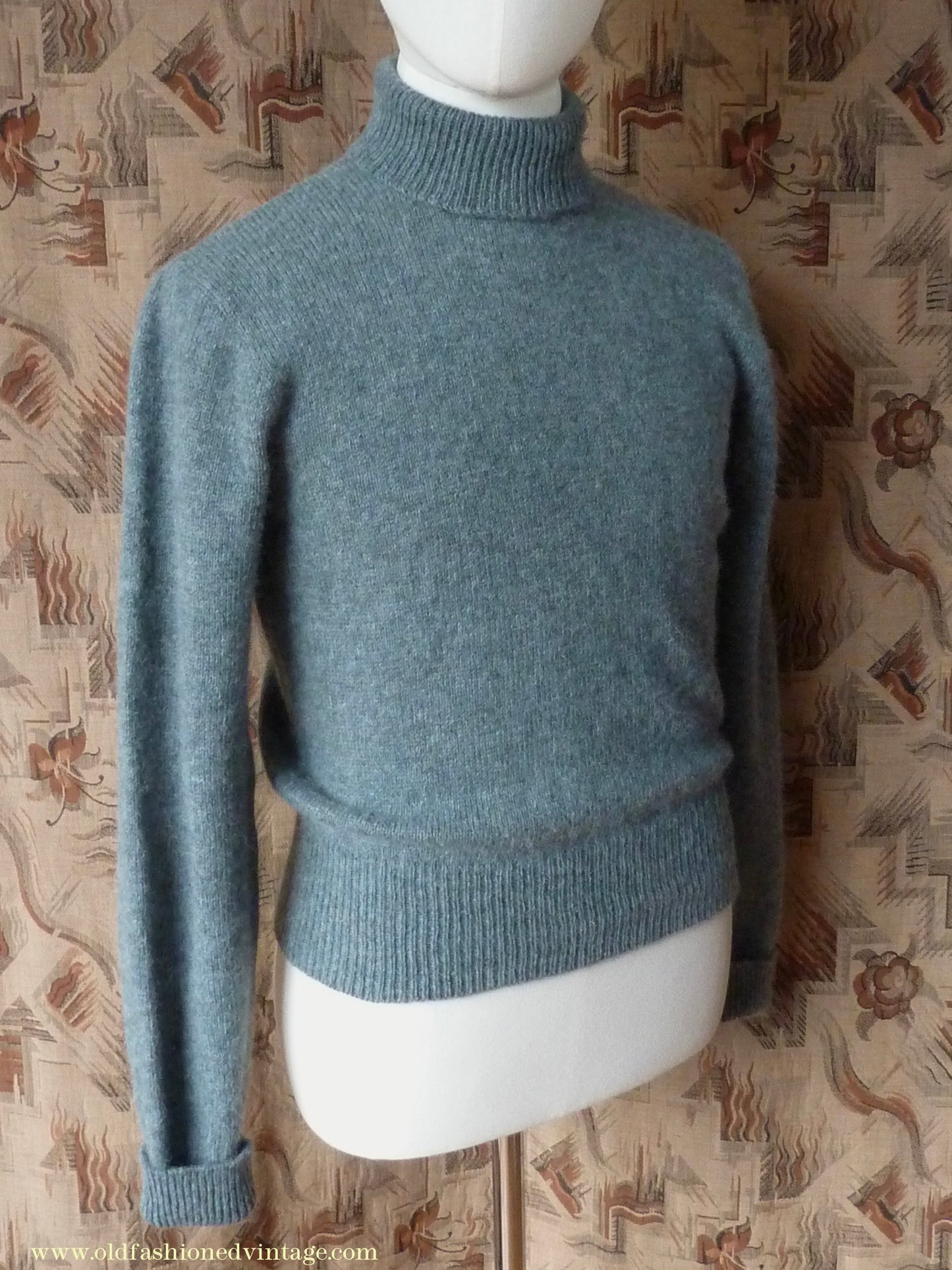 Old Fashioned Garments Vintage Reproduction 1940s Mens Polo Neck Jumper Grey Green Melange Roll Turtle Sweater S/M