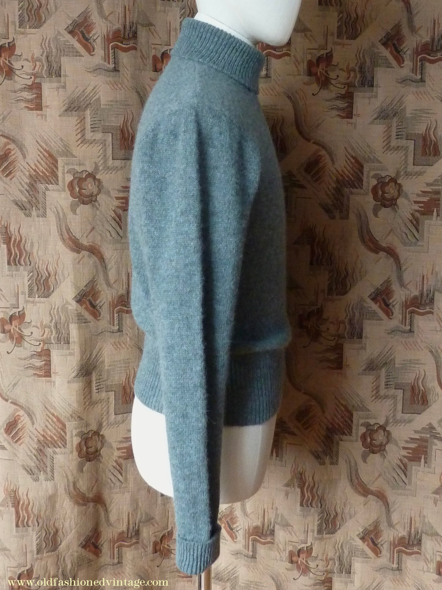 Old Fashioned Garments Vintage Reproduction 1940s Mens Polo Neck Jumper Grey Green Melange Roll Turtle Sweater S/M