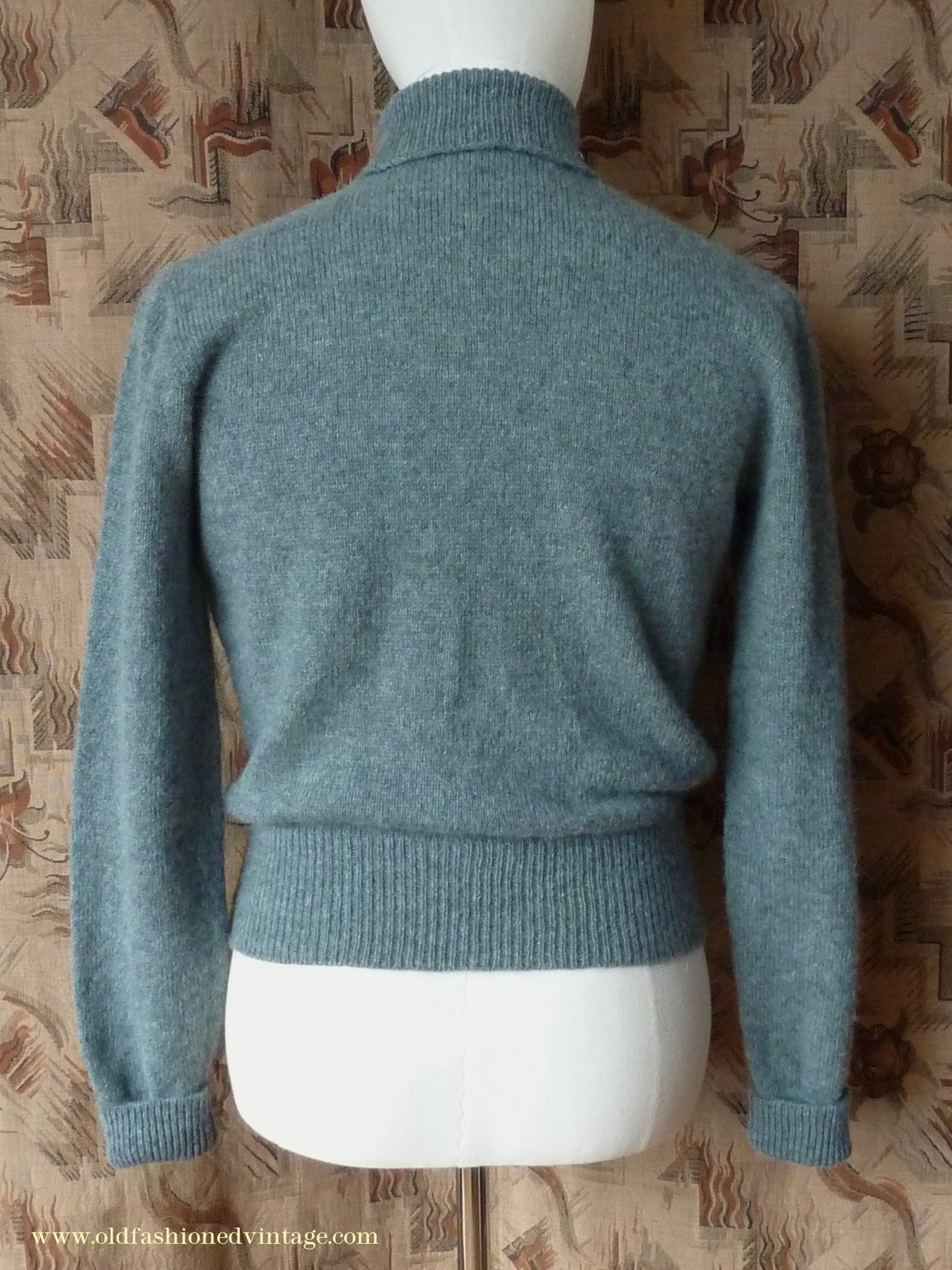 Old Fashioned Garments Vintage Reproduction 1940s Mens Polo Neck Jumper Grey Green Melange Roll Turtle Sweater S/M