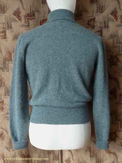 Old Fashioned Garments Vintage Reproduction 1940s Mens Polo Neck Jumper Grey Green Melange Roll Turtle Sweater S/M