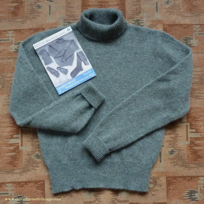Old Fashioned Garments Vintage Reproduction 1940s Mens Polo Neck Jumper Grey Green Melange Roll Turtle Sweater S/M