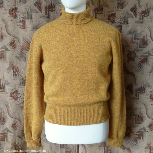 Old Fashioned Garments Vintage Reproduction 1940s Mens Polo Neck Jumper Mustard Brown Melange Roll Turtle Sweater