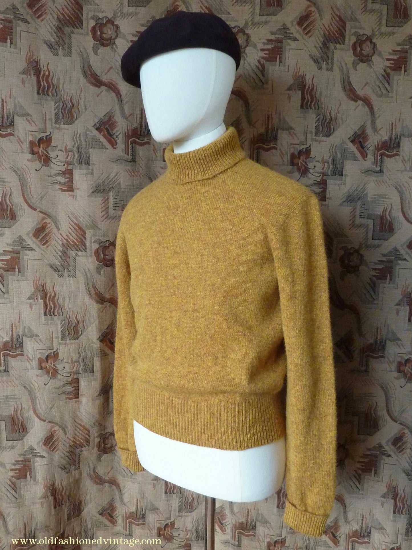 Old Fashioned Garments Vintage Reproduction 1940s Mens Polo Neck Jumper Mustard Brown Melange Roll Turtle Sweater M