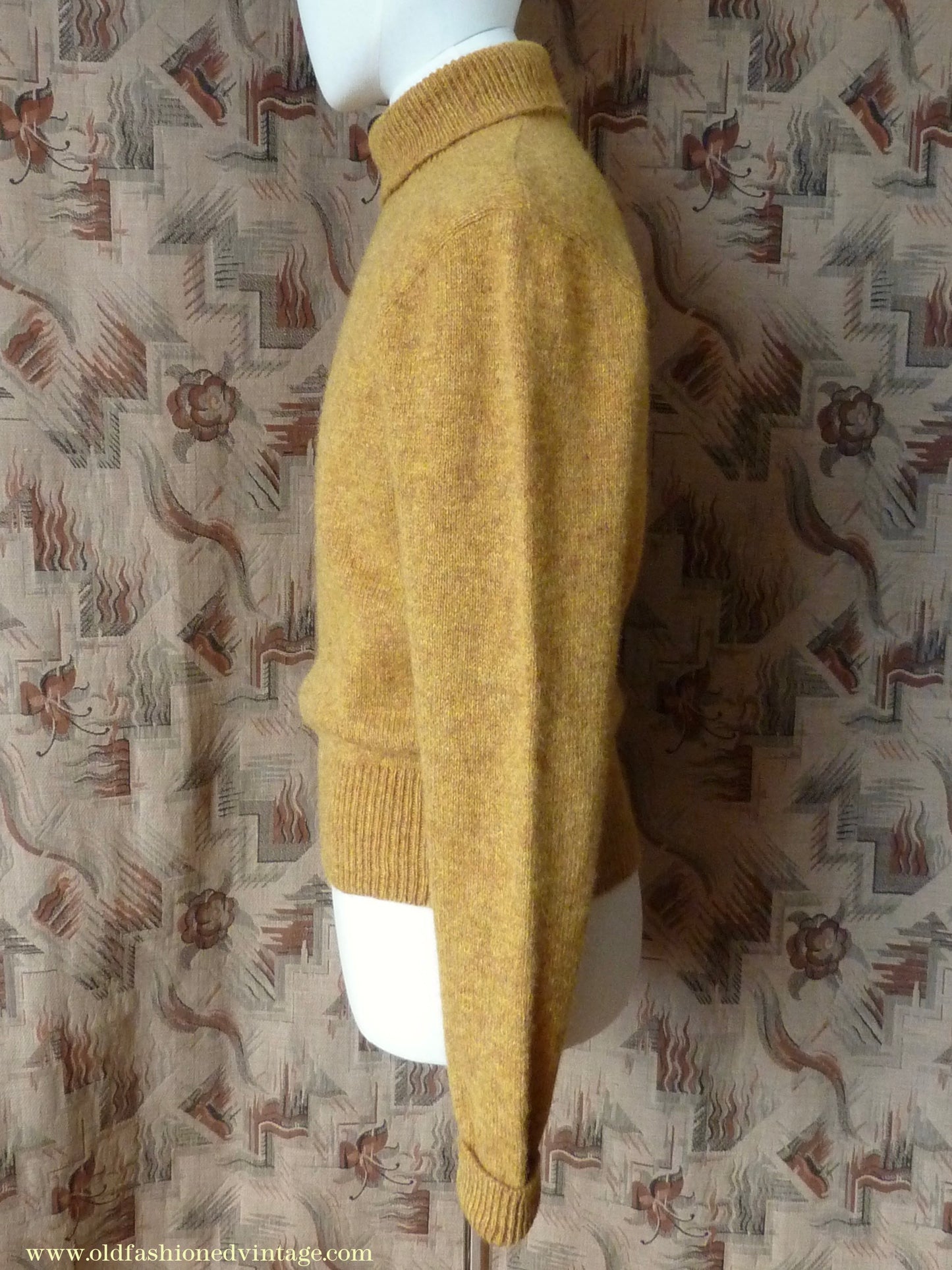 Old Fashioned Garments Vintage Reproduction 1940s Mens Polo Neck Jumper Mustard Brown Melange Roll Turtle Sweater M