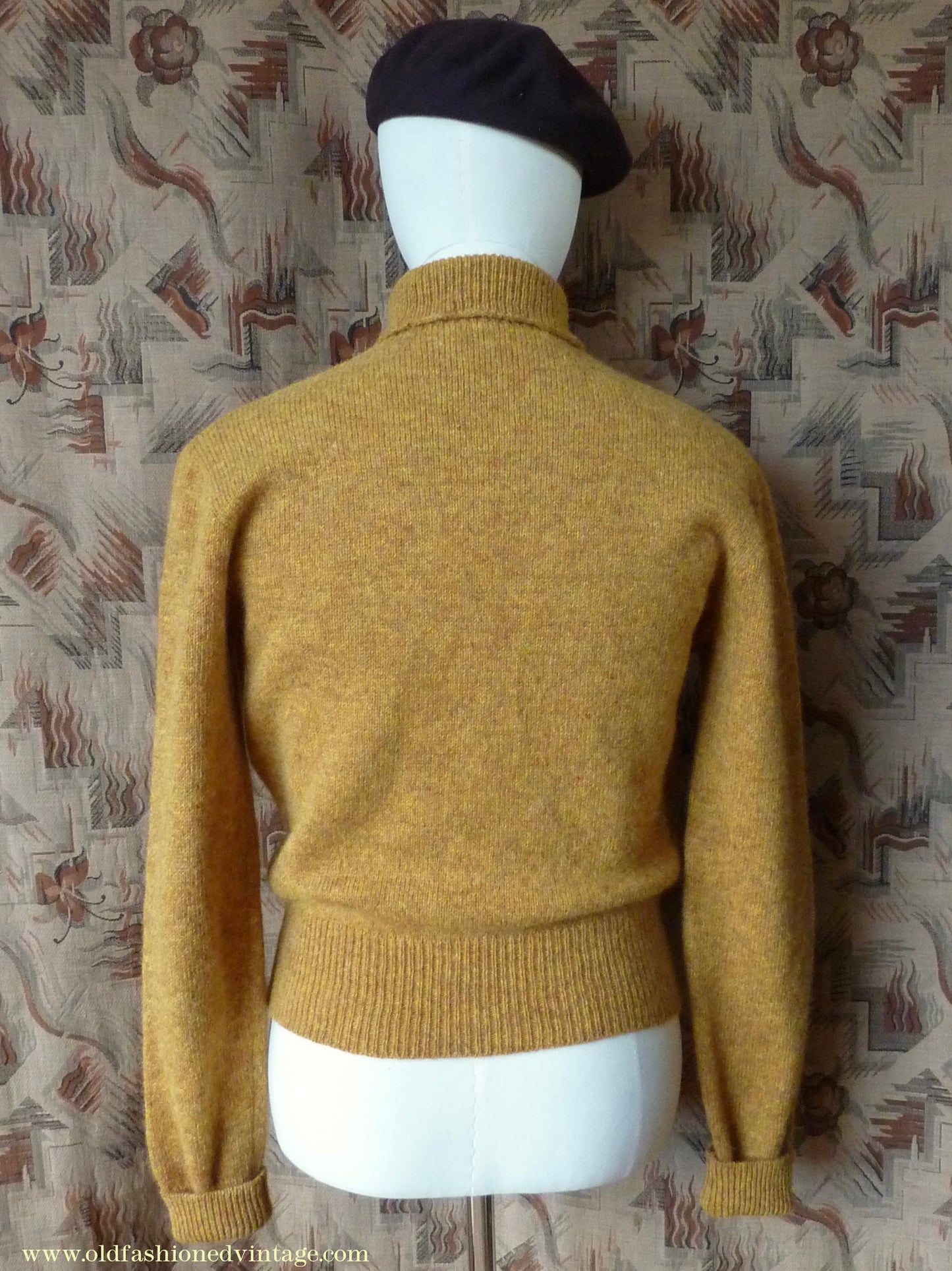Old Fashioned Garments Vintage Reproduction 1940s Mens Polo Neck Jumper Mustard Brown Melange Roll Turtle Sweater M
