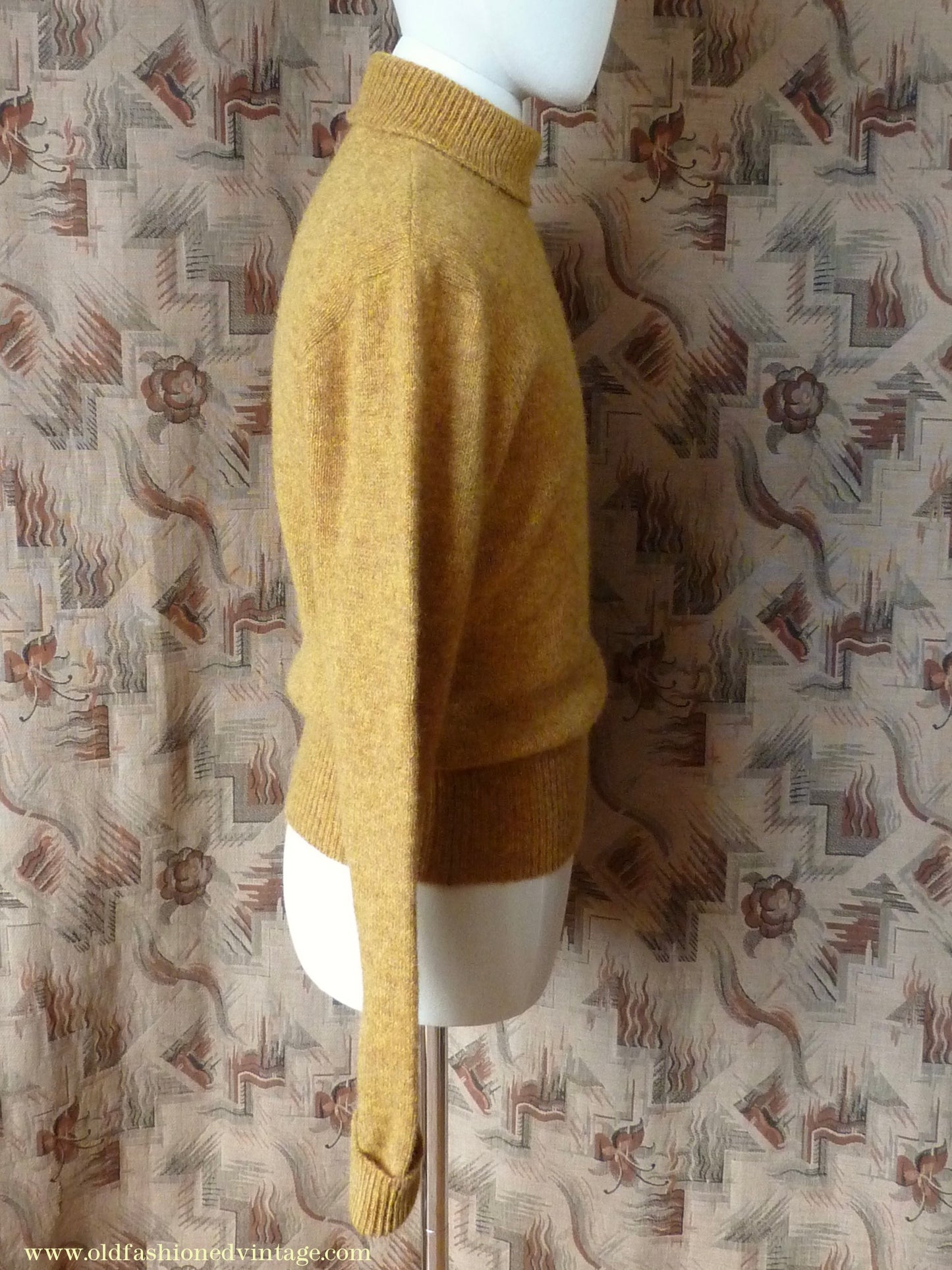 Old Fashioned Garments Vintage Reproduction 1940s Mens Polo Neck Jumper Mustard Brown Melange Roll Turtle Sweater M
