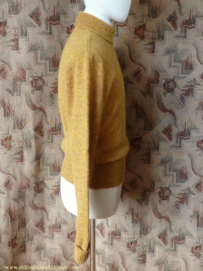 Old Fashioned Garments Vintage Reproduction 1940s Mens Polo Neck Jumper Mustard Brown Melange Roll Turtle Sweater M