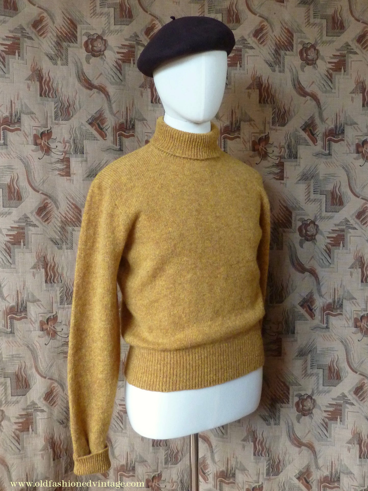 Old Fashioned Garments Vintage Reproduction 1940s Mens Polo Neck Jumper Mustard Brown Melange Roll Turtle Sweater M