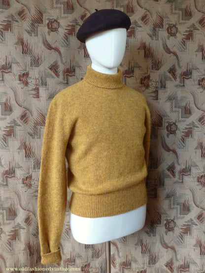 Old Fashioned Garments Vintage Reproduction 1940s Mens Polo Neck Jumper Mustard Brown Melange Roll Turtle Sweater M