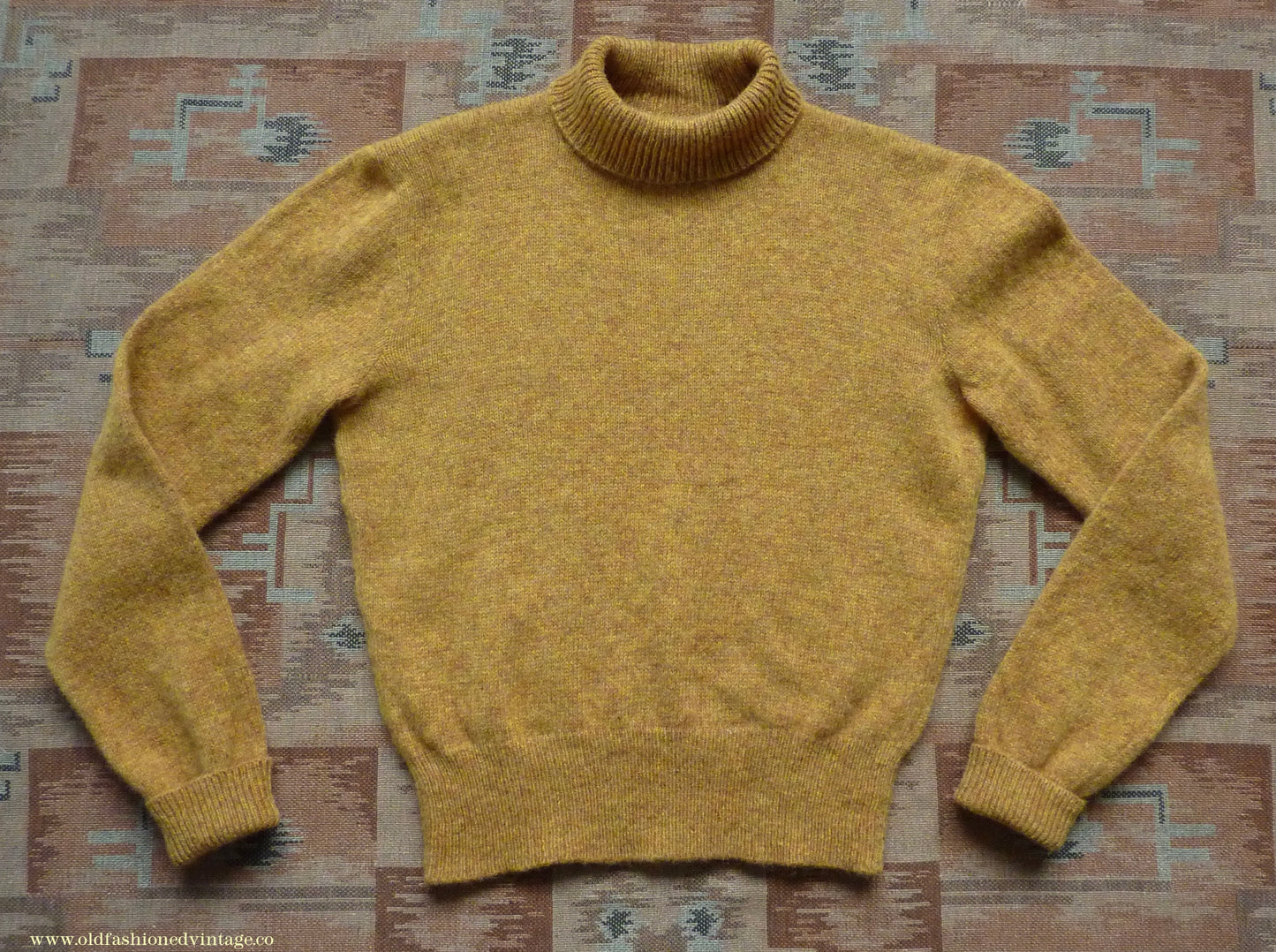 Old Fashioned Garments Vintage Reproduction 1940s Mens Polo Neck Jumper Mustard Brown Melange Roll Turtle Sweater M