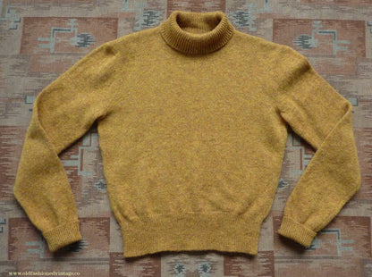 Old Fashioned Garments Vintage Reproduction 1940s Mens Polo Neck Jumper Mustard Brown Melange Roll Turtle Sweater M