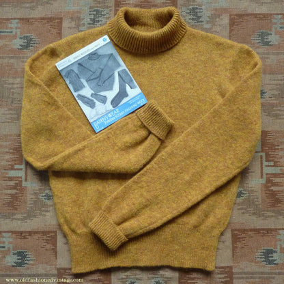 Old Fashioned Garments Vintage Reproduction 1940s Mens Polo Neck Jumper Mustard Brown Melange Roll Turtle Sweater M