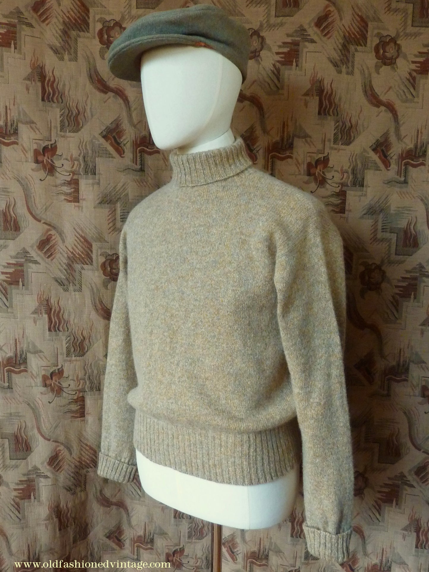 Old Fashioned Garments Vintage Reproduction 1940s Mens Roll Neck Jumper Natural Straw Beige Melange Polo Turtle Sweater M