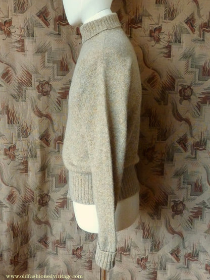 Old Fashioned Garments Vintage Reproduction 1940s Mens Roll Neck Jumper Natural Straw Beige Melange Polo Turtle Sweater M