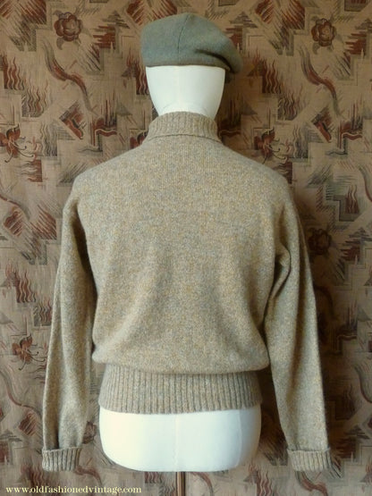 Old Fashioned Garments Vintage Reproduction 1940s Mens Roll Neck Jumper Natural Straw Beige Melange Polo Turtle Sweater M