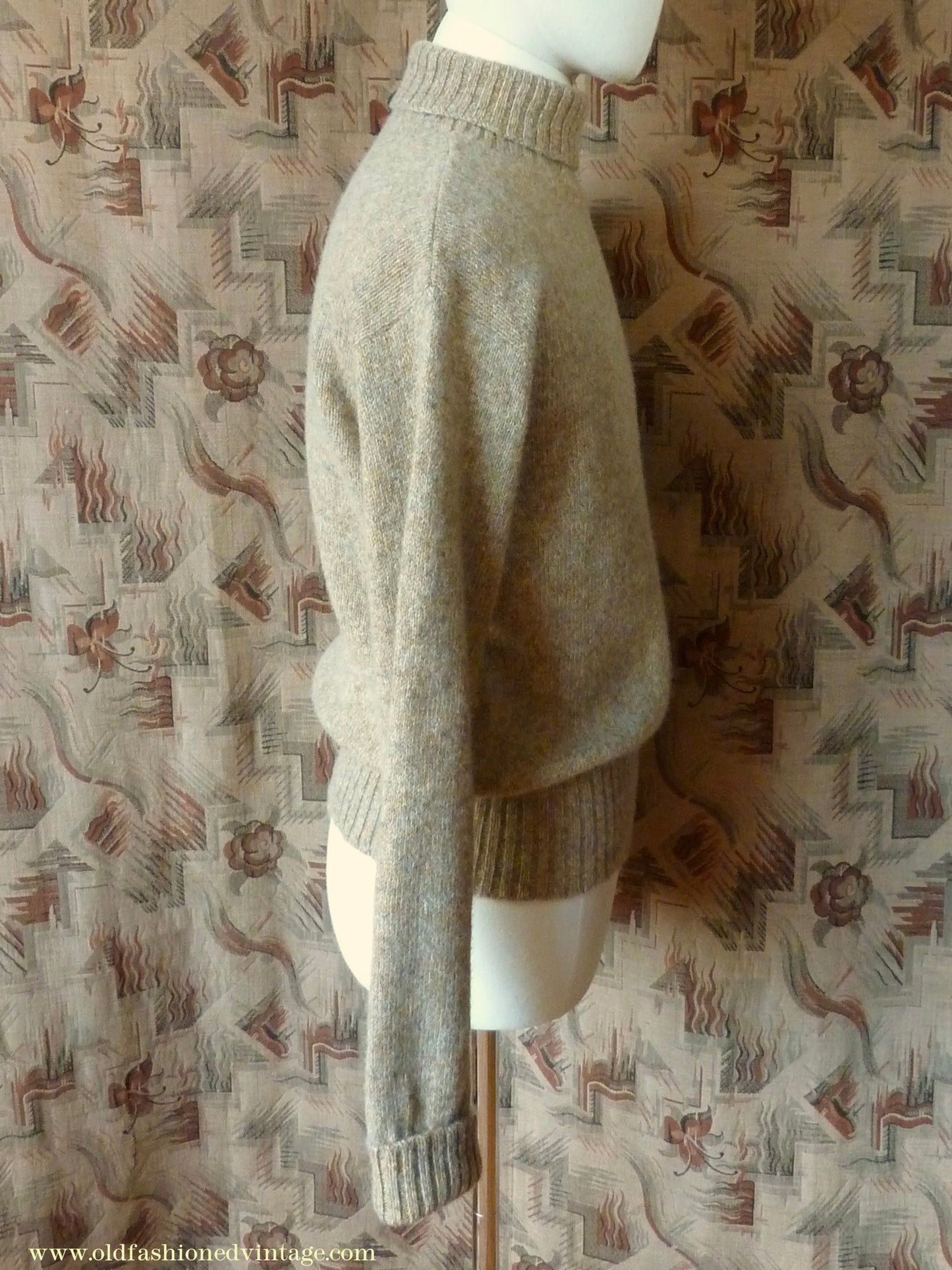 Old Fashioned Garments Vintage Reproduction 1940s Mens Roll Neck Jumper Natural Straw Beige Melange Polo Turtle Sweater M
