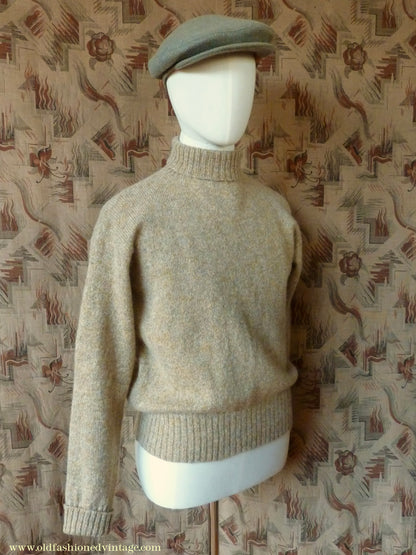 Old Fashioned Garments Vintage Reproduction 1940s Mens Roll Neck Jumper Natural Straw Beige Melange Polo Turtle Sweater M