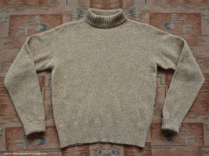 Old Fashioned Garments Vintage Reproduction 1940s Mens Roll Neck Jumper Natural Straw Beige Melange Polo Turtle Sweater M