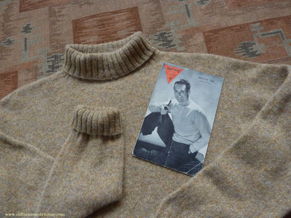 Old Fashioned Garments Vintage Reproduction 1940s Mens Roll Neck Jumper Natural Straw Beige Melange Polo Turtle Sweater M