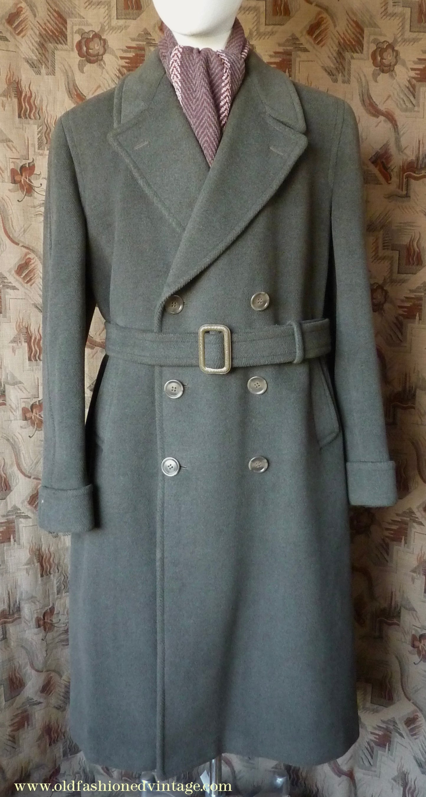 Vintage 1950s Mens Burtons Double Breasted Overcoat Coat Brownish Olive Green Herringbone Wool DB Belted 40"/42"