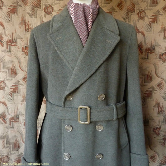 Vintage 1950s Mens Burtons Double Breasted Overcoat Coat Brownish Olive Green Herringbone Wool DB Belted 40"/42"