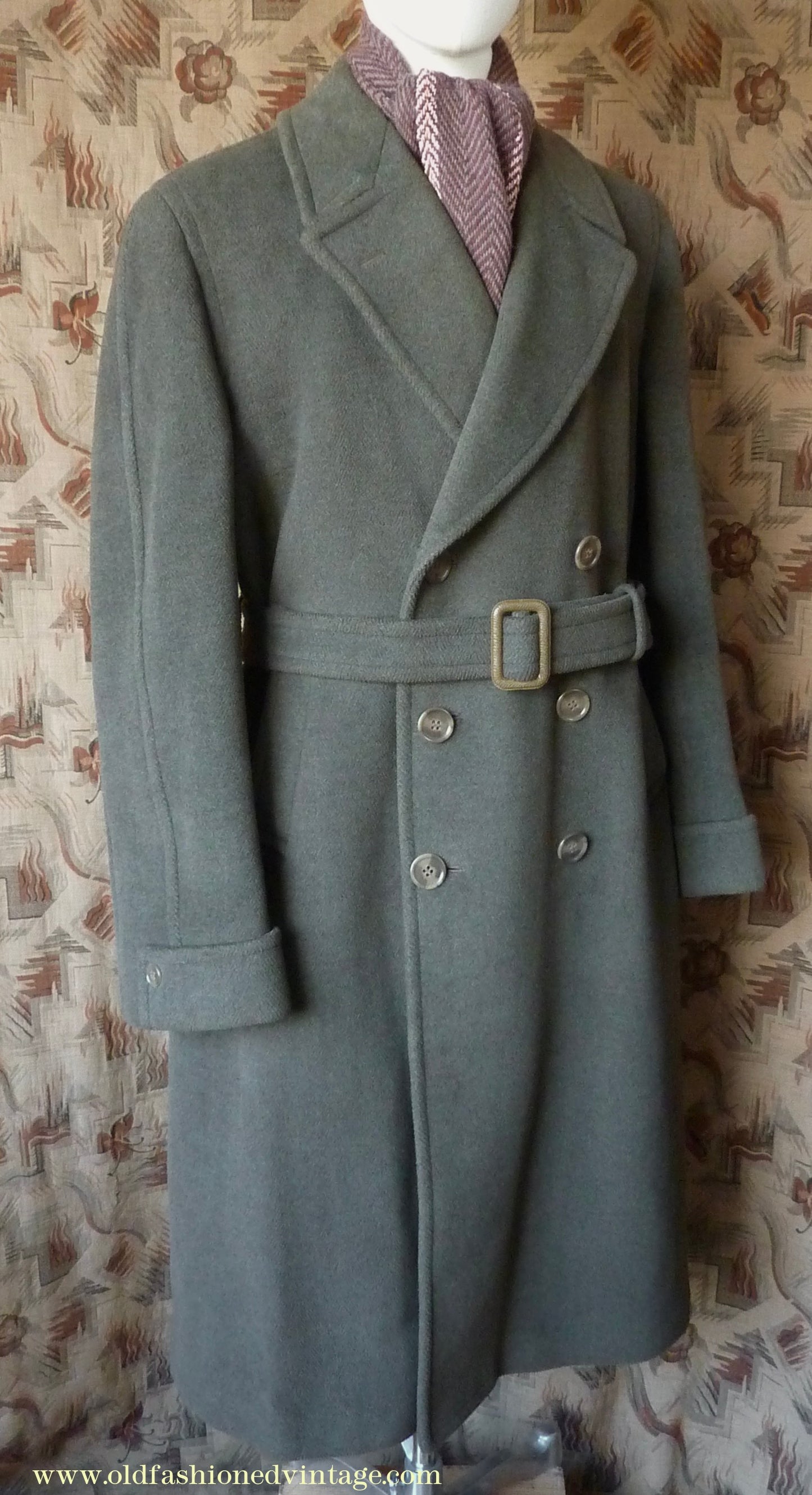 Vintage 1950s Mens Burtons Double Breasted Overcoat Coat Brownish Olive Green Herringbone Wool DB Belted 40"/42"