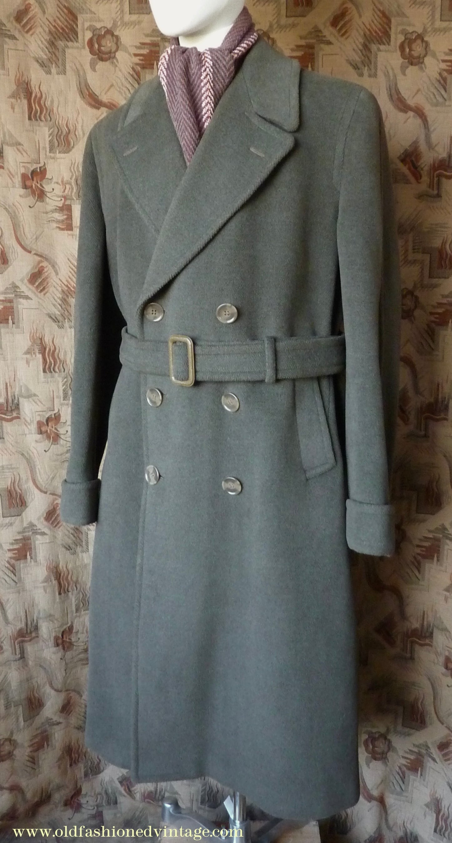Vintage 1950s Mens Burtons Double Breasted Overcoat Coat Brownish Olive Green Herringbone Wool DB Belted 40"/42"