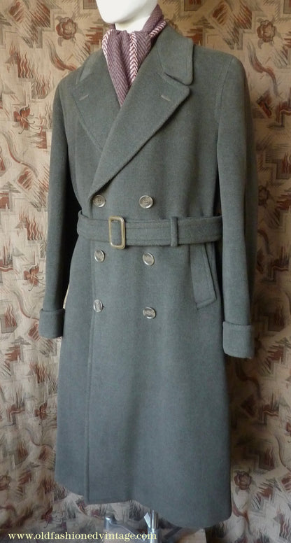 Vintage 1950s Mens Burtons Double Breasted Overcoat Coat Brownish Olive Green Herringbone Wool DB Belted 40"/42"