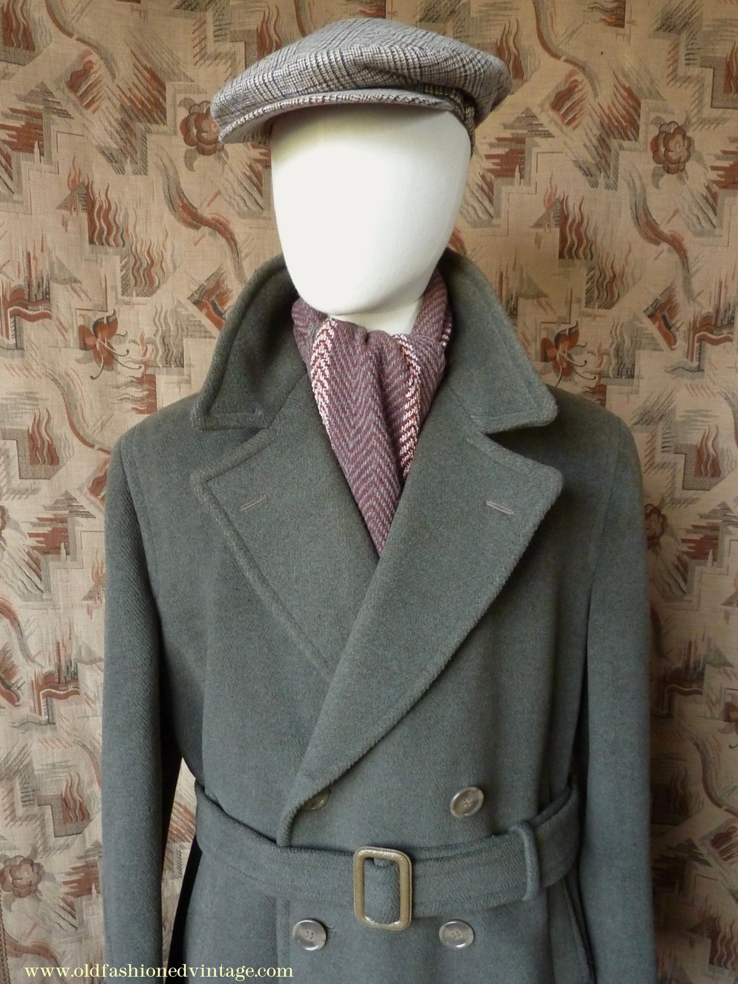 Vintage 1950s Mens Burtons Double Breasted Overcoat Coat Brownish Olive Green Herringbone Wool DB Belted 40"/42"